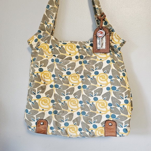 Fossil canvas Floral Patterned Tote Bag with Yellow and Blue Accents - Picture 5 of 11